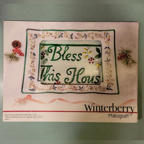 Pfaltzgraff Winterberry Bless This House Glass Rectangular Clear Platter 17.25" - Picture 3 of 5